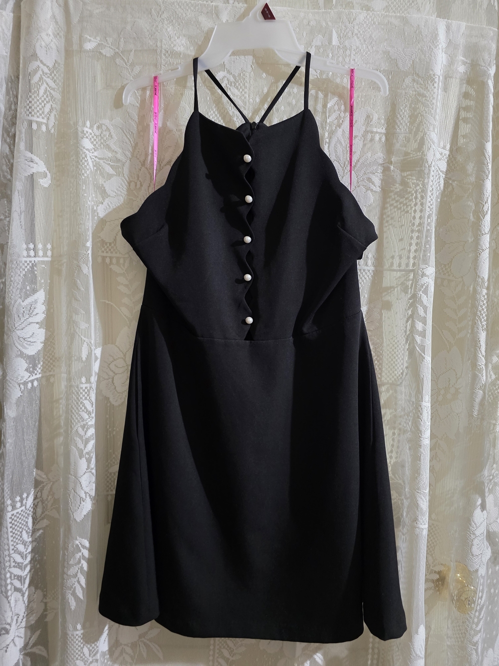 Betsey Johnson Black Ruffle Pearl-Button Spaghetti Strap Mini Dress
